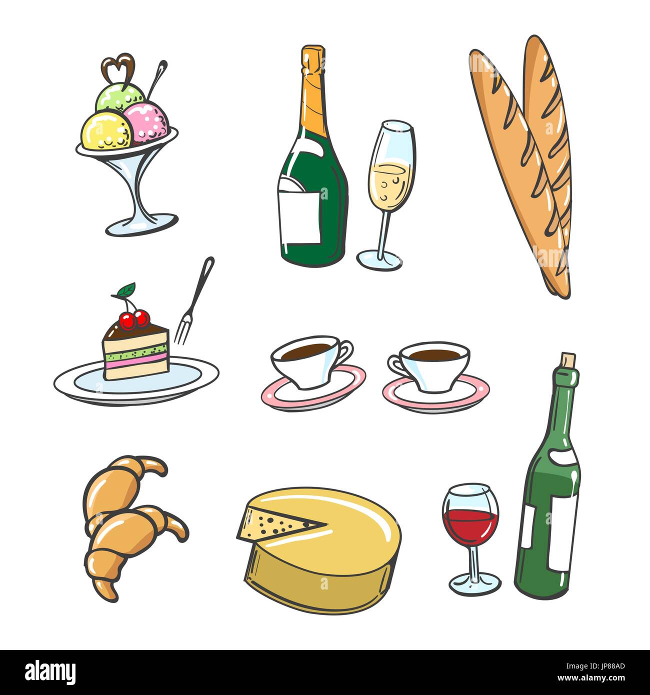 Disegnata a mano dolce cibo e bevande. Icone vettoriali di popolari piatti francesi in stile cartone animato Illustrazione Vettoriale