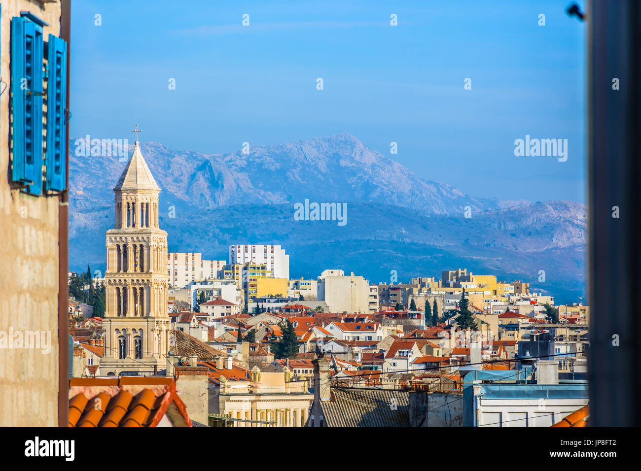 Vista aerea a dettagli architettonici nella città di Spalato, Croazia. Foto Stock