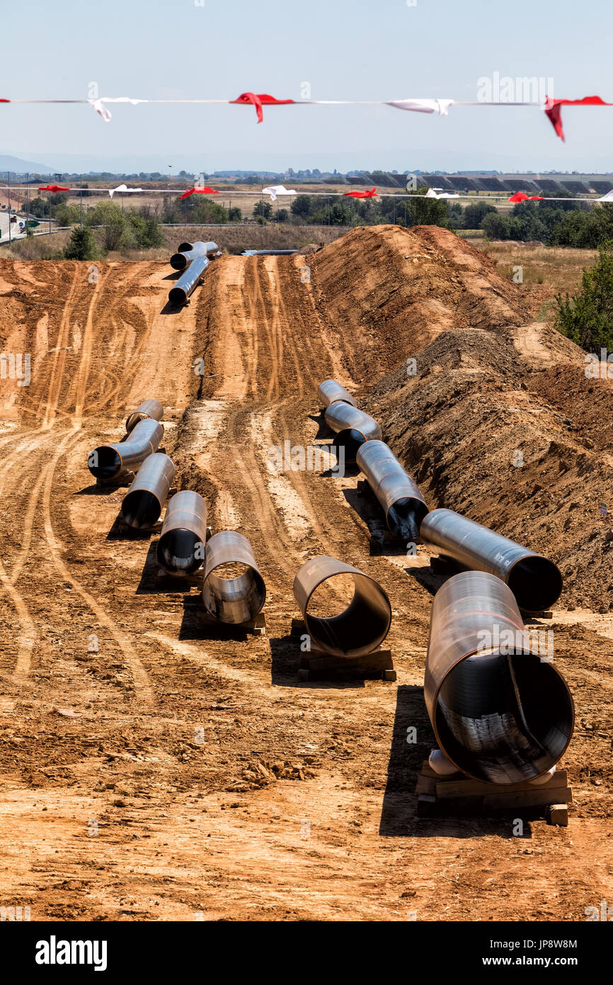 La costruzione di un gasdotto Trans Adriatic Pipeline - tocca in Grecia del nord. La pipeline inizia dal Mar Caspio e raggiunge la costa del sud Foto Stock