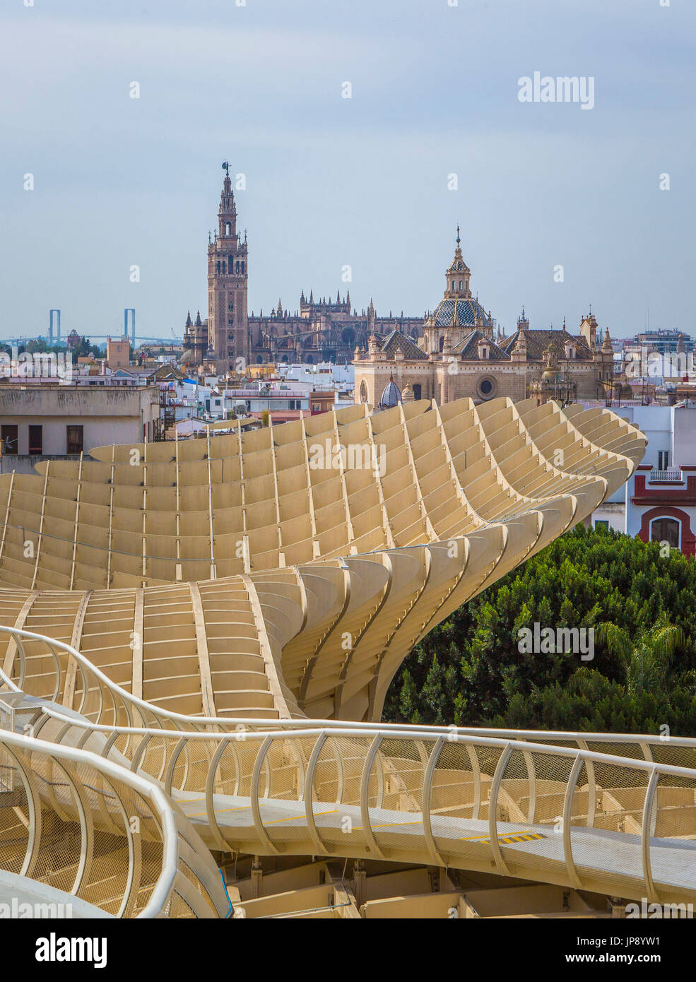 Spagna, Andalusia regione, città di Siviglia, Encarnacion Square, Metropol Parasol noto come 'Las Setas', Torre Giralda Foto Stock