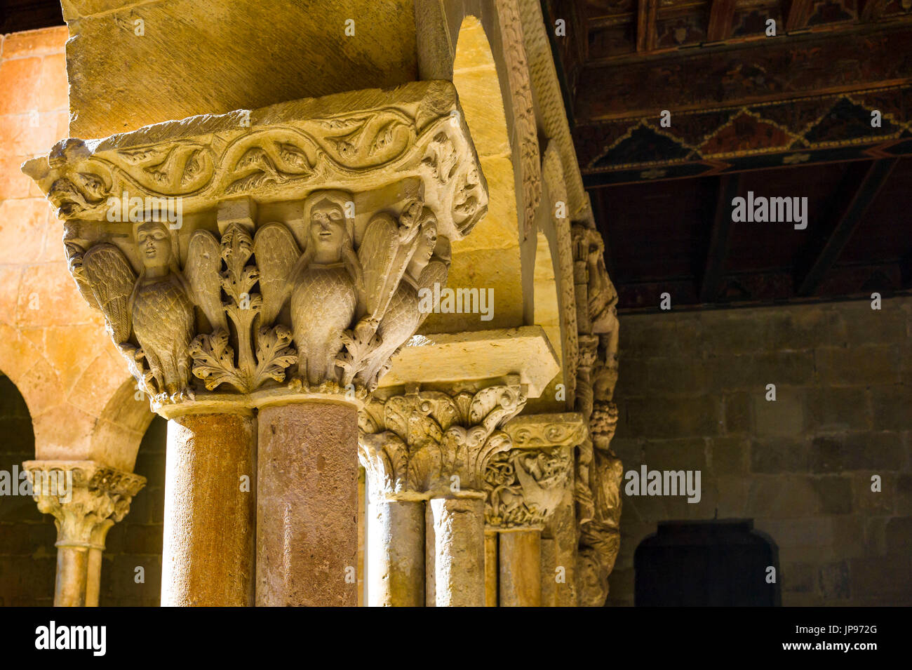 Capitelli romanici, chiostro di Santo Domingo de Silos Monastero, Spagna Foto Stock