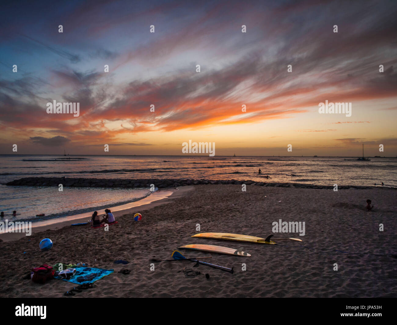 Waikiki Sunset, Hawaii, STATI UNITI D'AMERICA Foto Stock