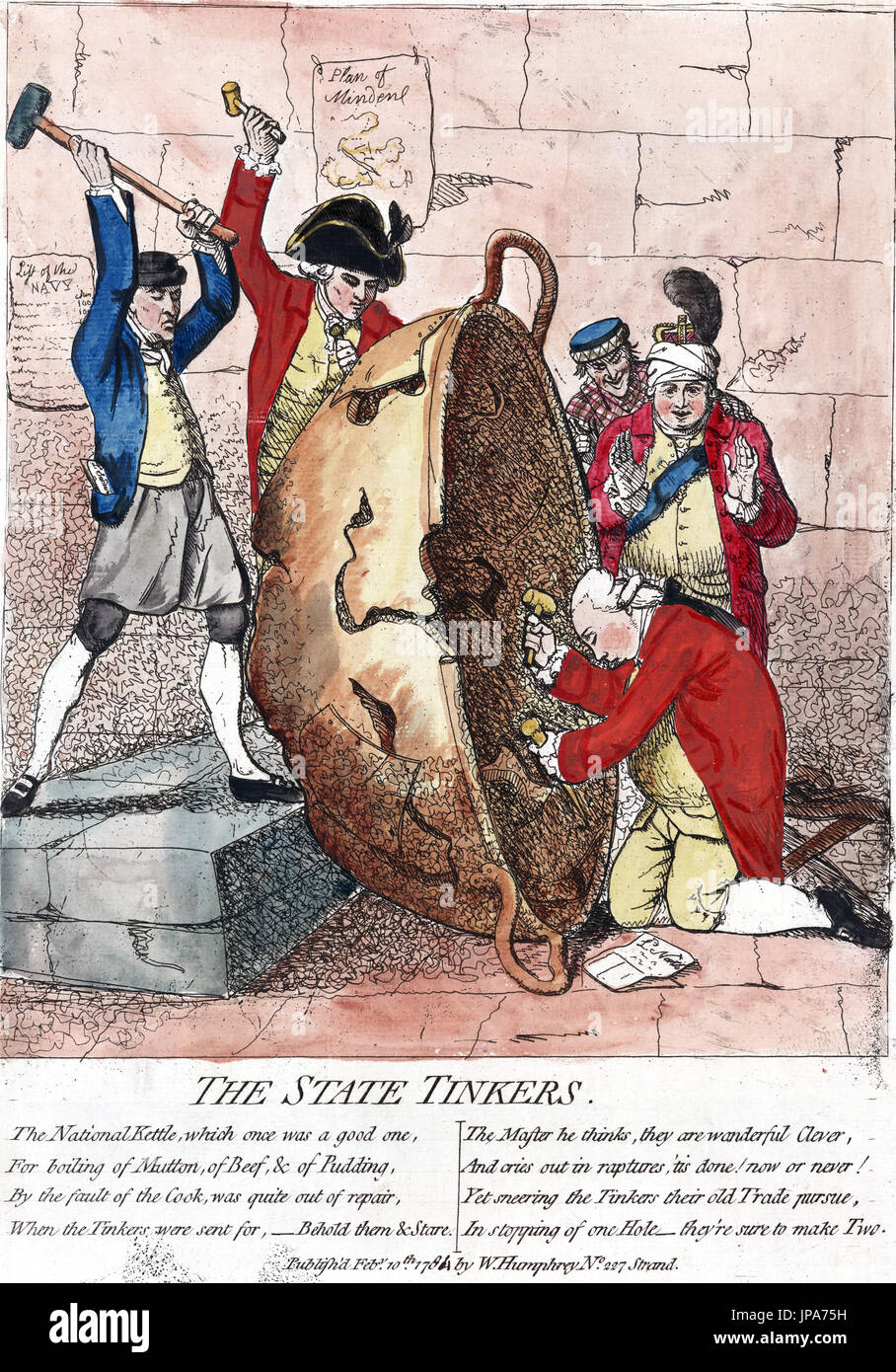 JAMES GILLRAY (1756-1815) inglese fumettista. 'Lo stato tinkers' incisione 1780 mostra Signore a nord sulle sue ginocchia guardato dal re George III come essi sono tutti elementi che contribuiscono a rovinare il paese dalla loro mancanza di abilità. Foto Stock