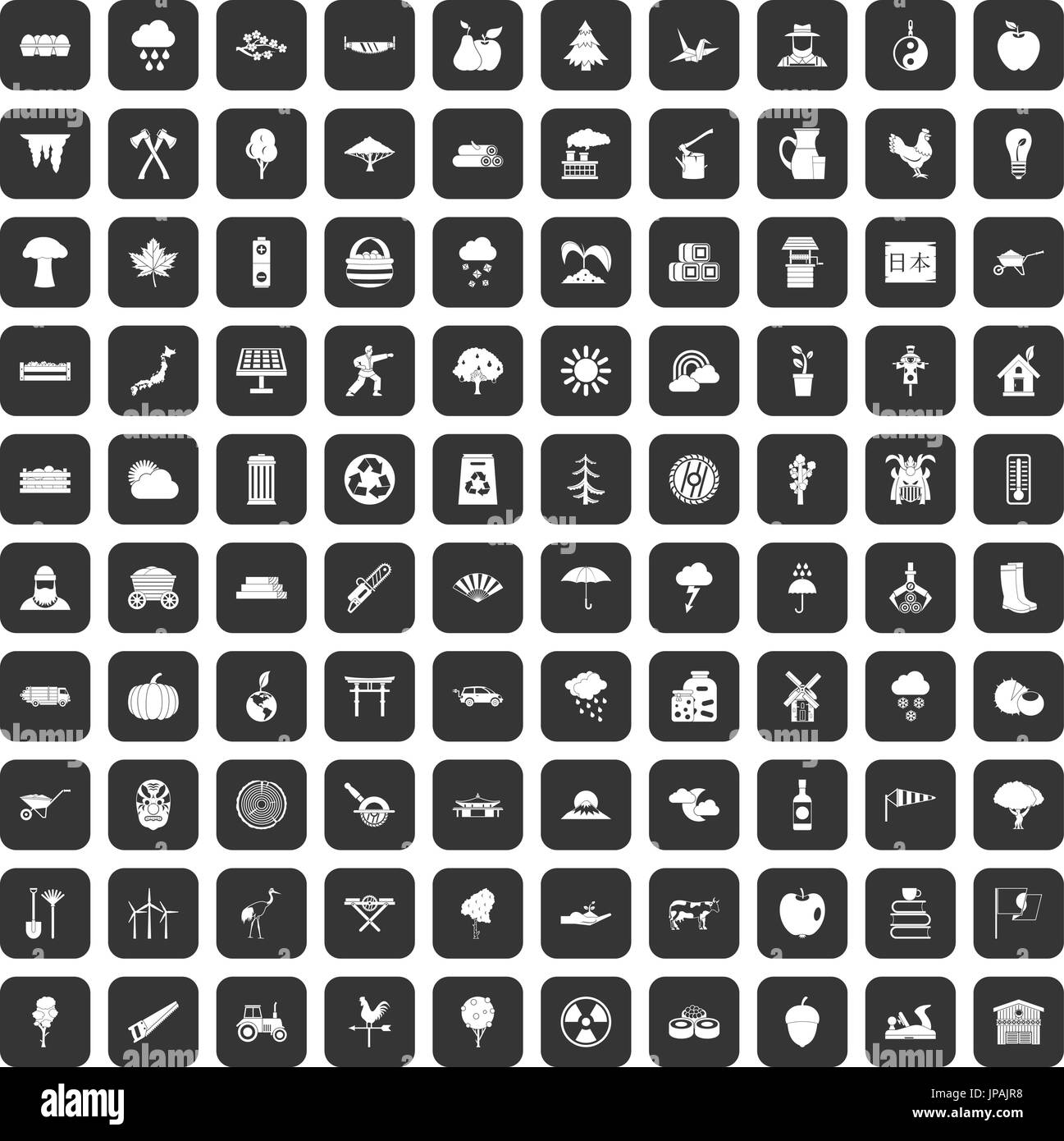 100 albero set di icone nero Illustrazione Vettoriale