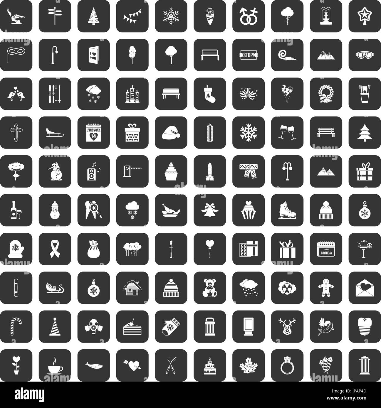 100 vacanze invernali set di icone nero Illustrazione Vettoriale