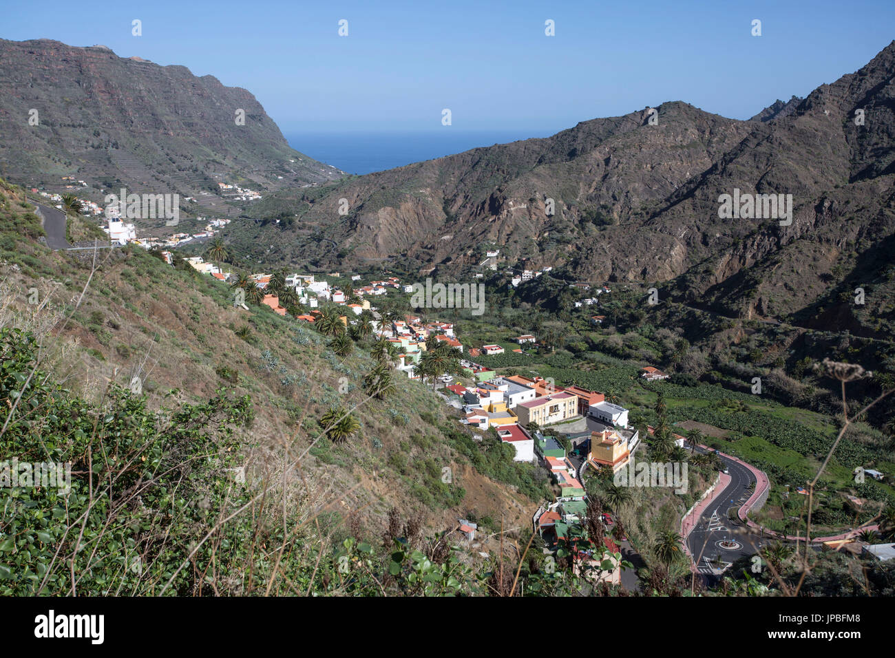 Vista alla valle di Hermigua, La Gomera, Spagna Foto Stock