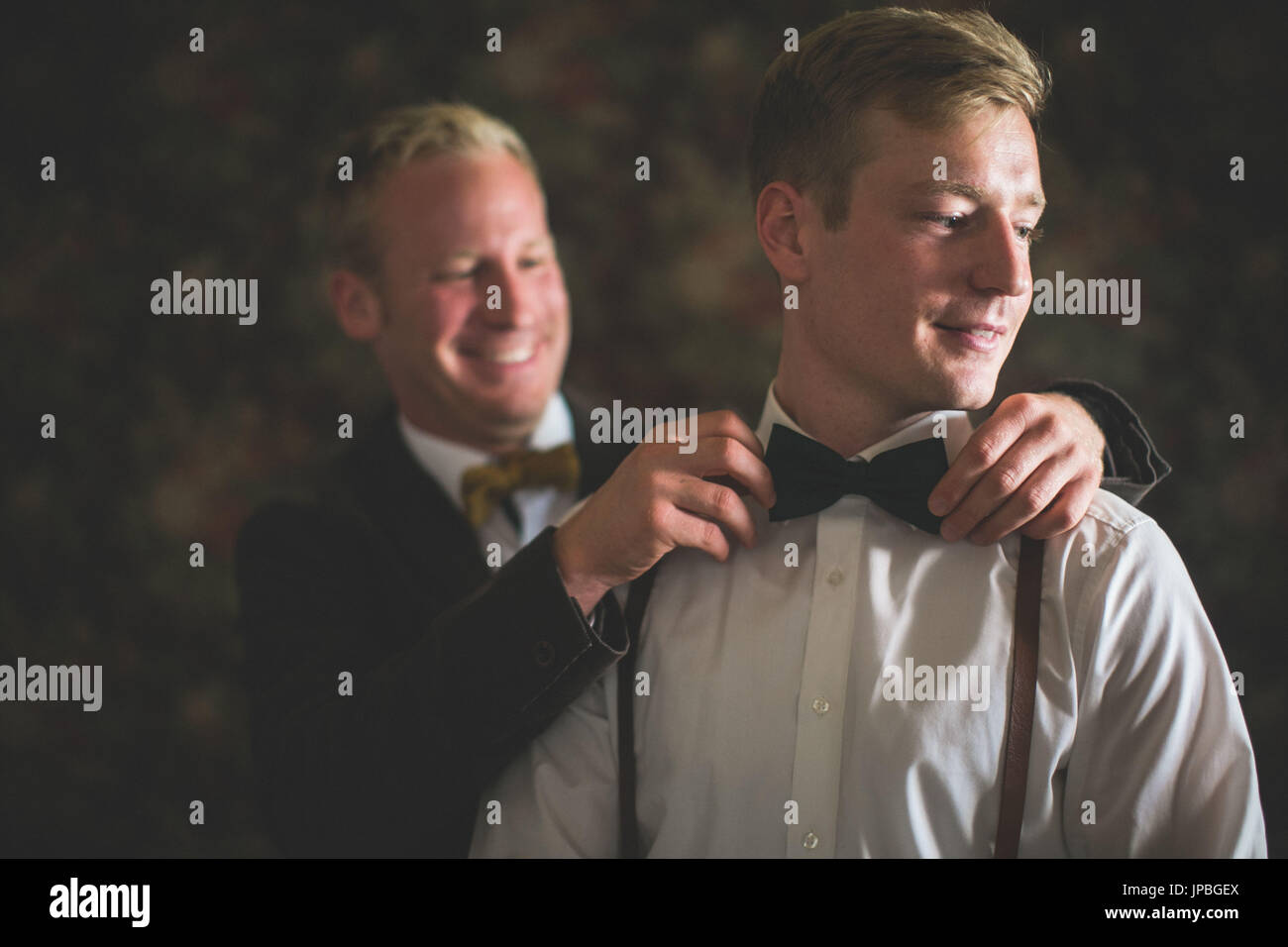 Sposo e groomsman, il filtro bow tie, aiuto, tie, preparazione, ritratto Foto Stock