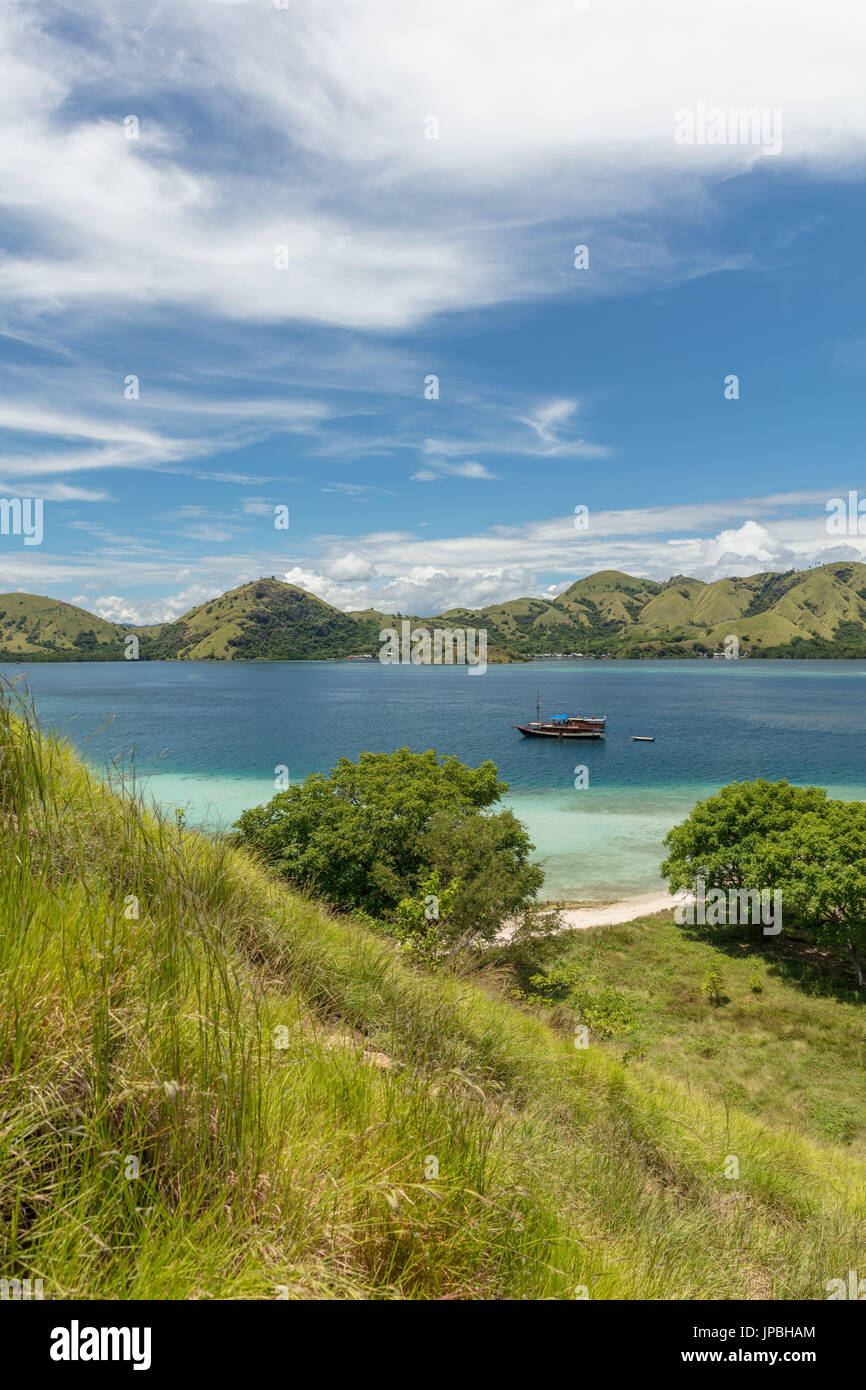 Paesaggio di una tipica isola nel mare di Flores, Indonesia, Komodo, UNESCO patrimonio mondiale Foto Stock