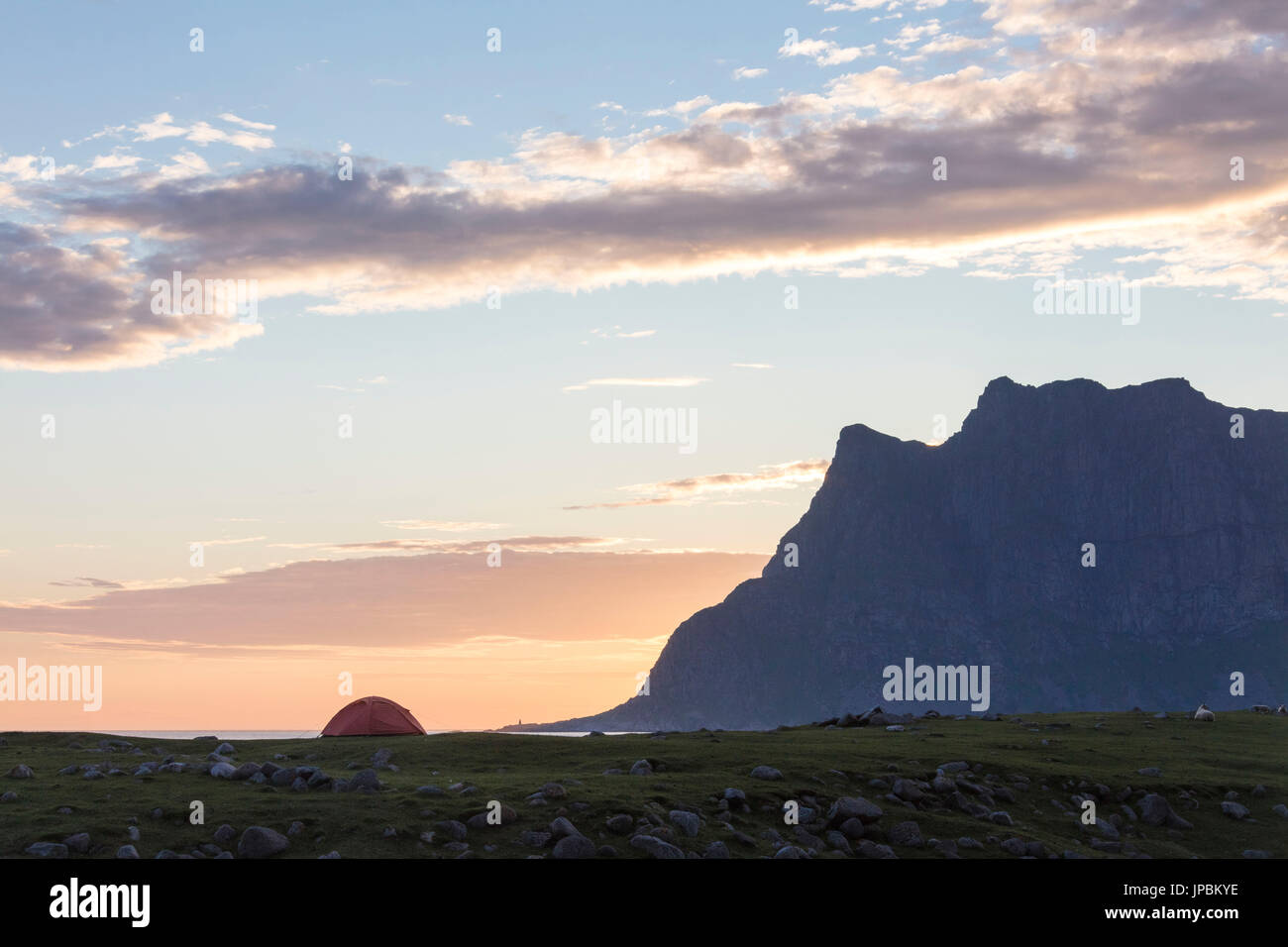 Il cielo rosa a mezzanotte il sole illumina la tenda da mare circondato da picchi rocciosi Uttakleiv Isole Lofoten in Norvegia Europa Foto Stock