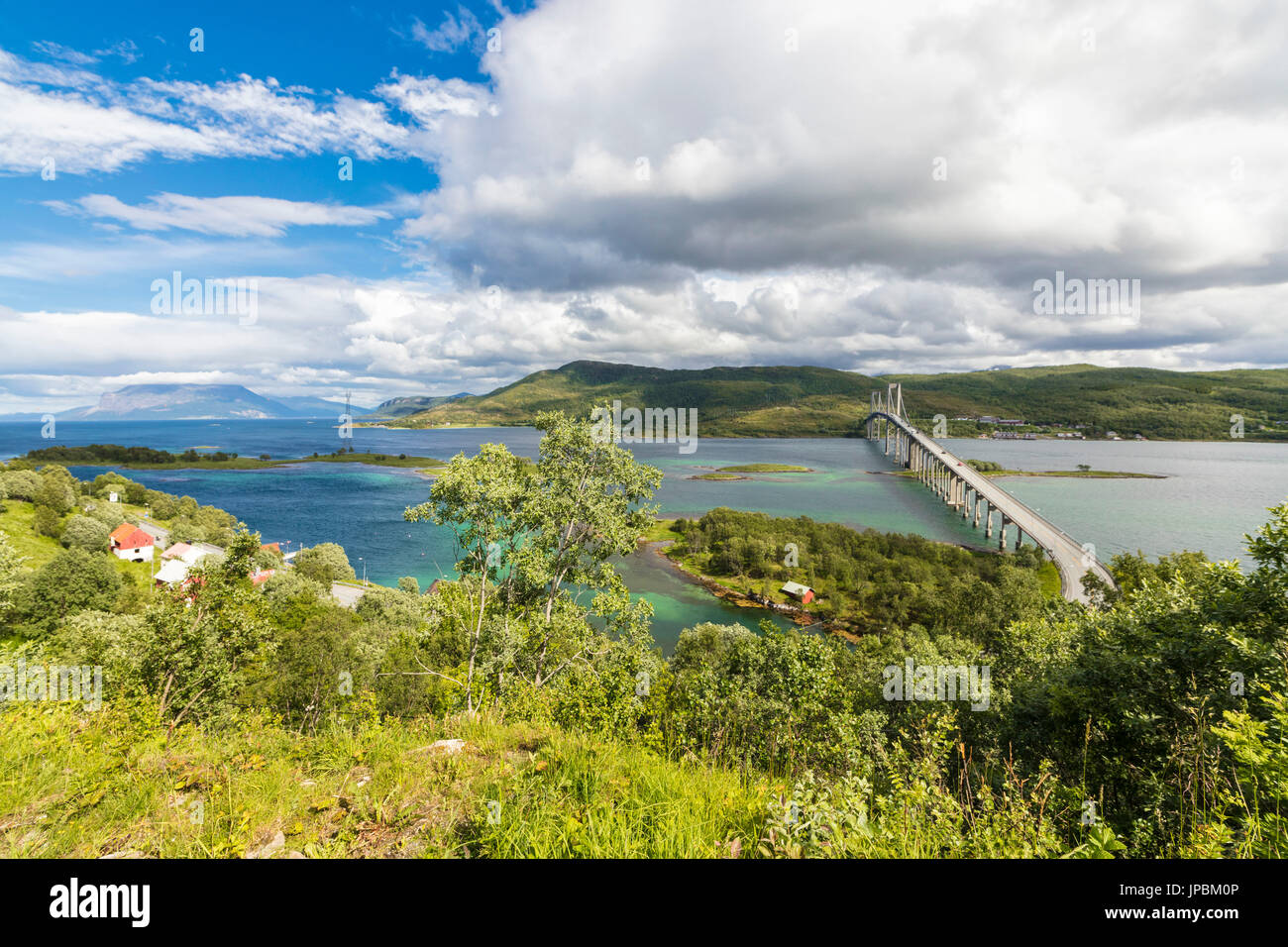 Il verde dei prati e il mare turchese telaio sospensione ponte stradale in Tjeldsundbrua Troms County Nordland Norvegia Europa Foto Stock