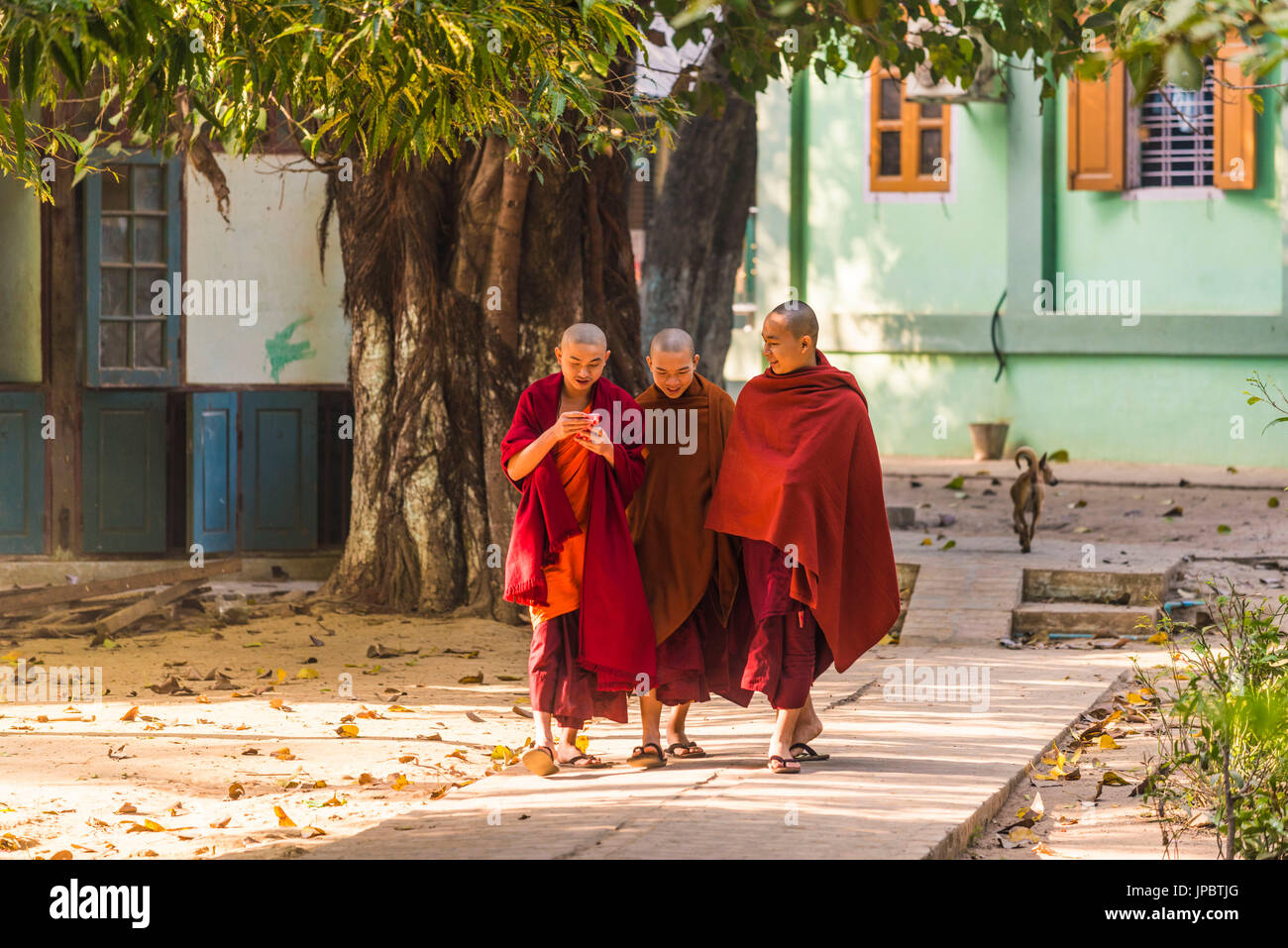 Amarapura, Mandalay regione, Myanmar. Monaco a piedi nel monastero Mahagandayon. Foto Stock