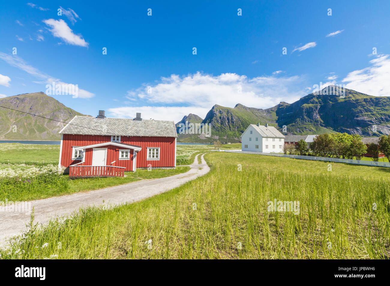 Erba verde e prati telaio le tipiche case chiamato Rorbu nel villaggio di pescatori di Flakstad Isole Lofoten in Norvegia Europa Foto Stock