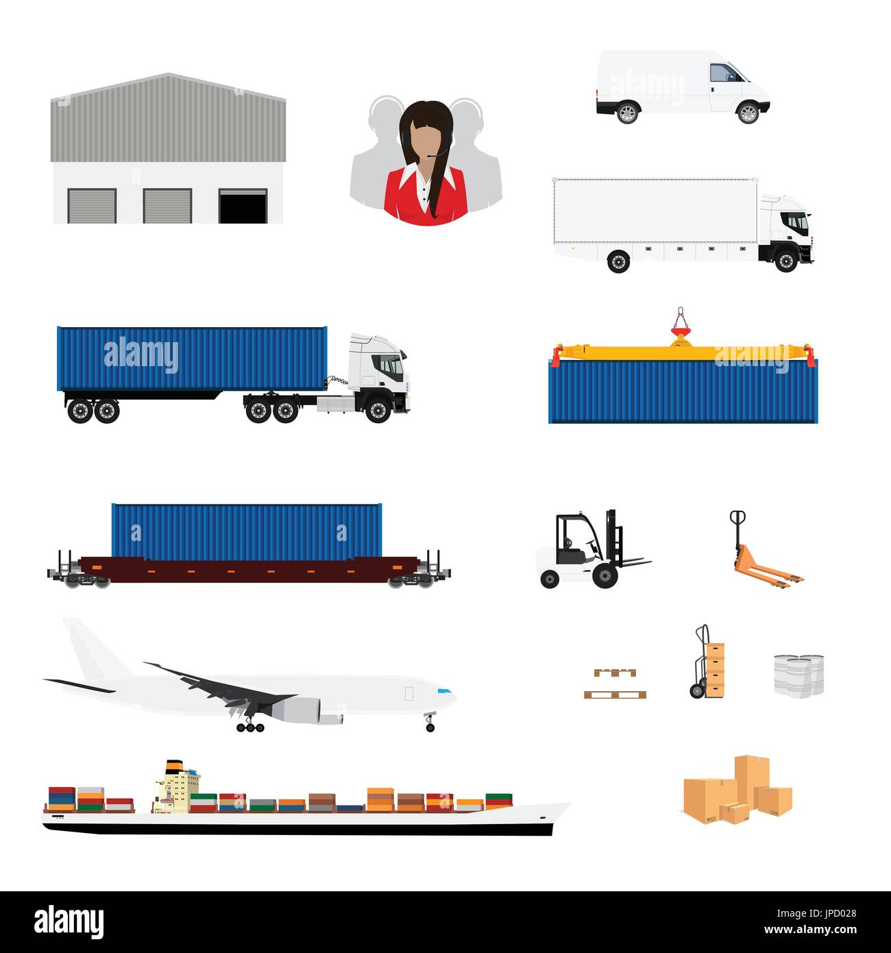 Illustrazione vettore di trasporto merci e di logistica di consegna piatta set di icone. Illustrazione Vettoriale