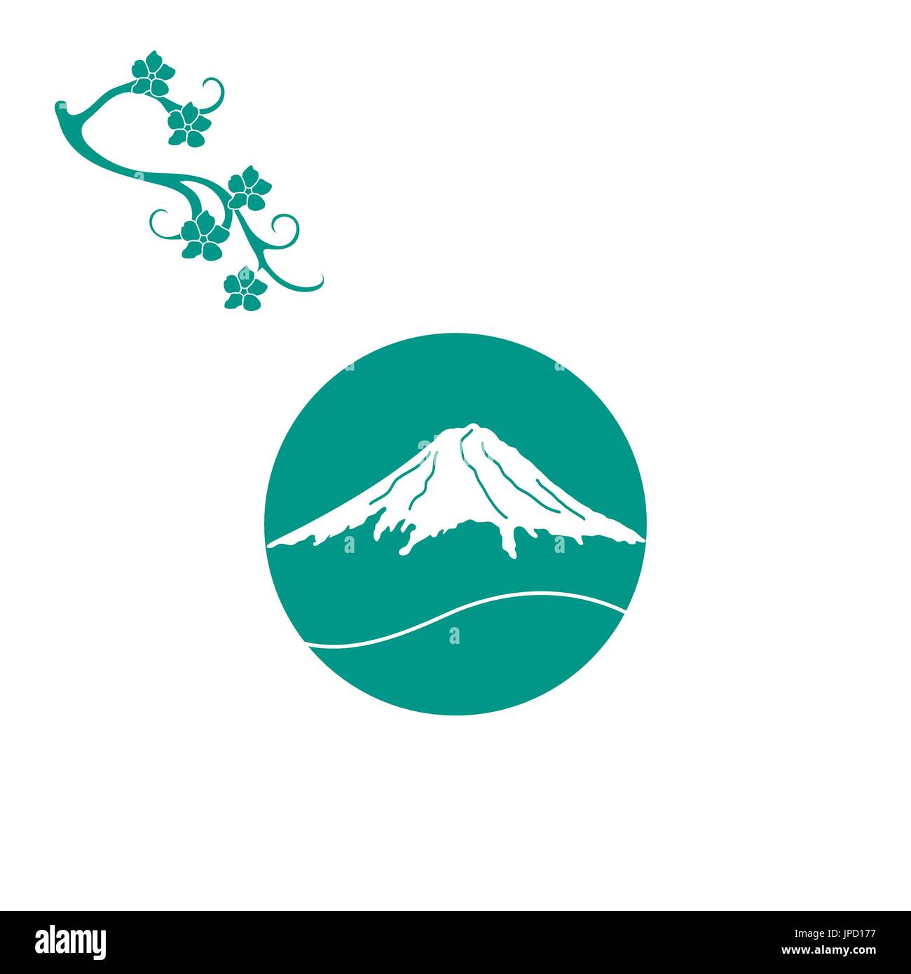 Carino illustrazione del ramo di fiori di ciliegio e il Monte Fuji. Set di Giappone tradizionali elementi di design. Illustrazione Vettoriale