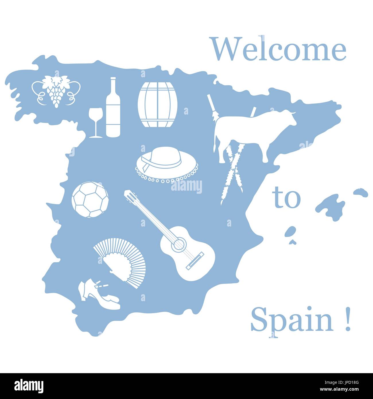 Illustrazione Vettoriale con vari simboli della Spagna. Viaggi e tempo libero. Design per banner, poster o di stampa. Illustrazione Vettoriale