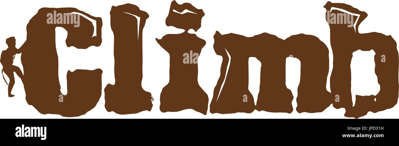 Persona salendo sulla parola salire, logo design, isolato su sfondo bianco. Illustrazione Vettoriale