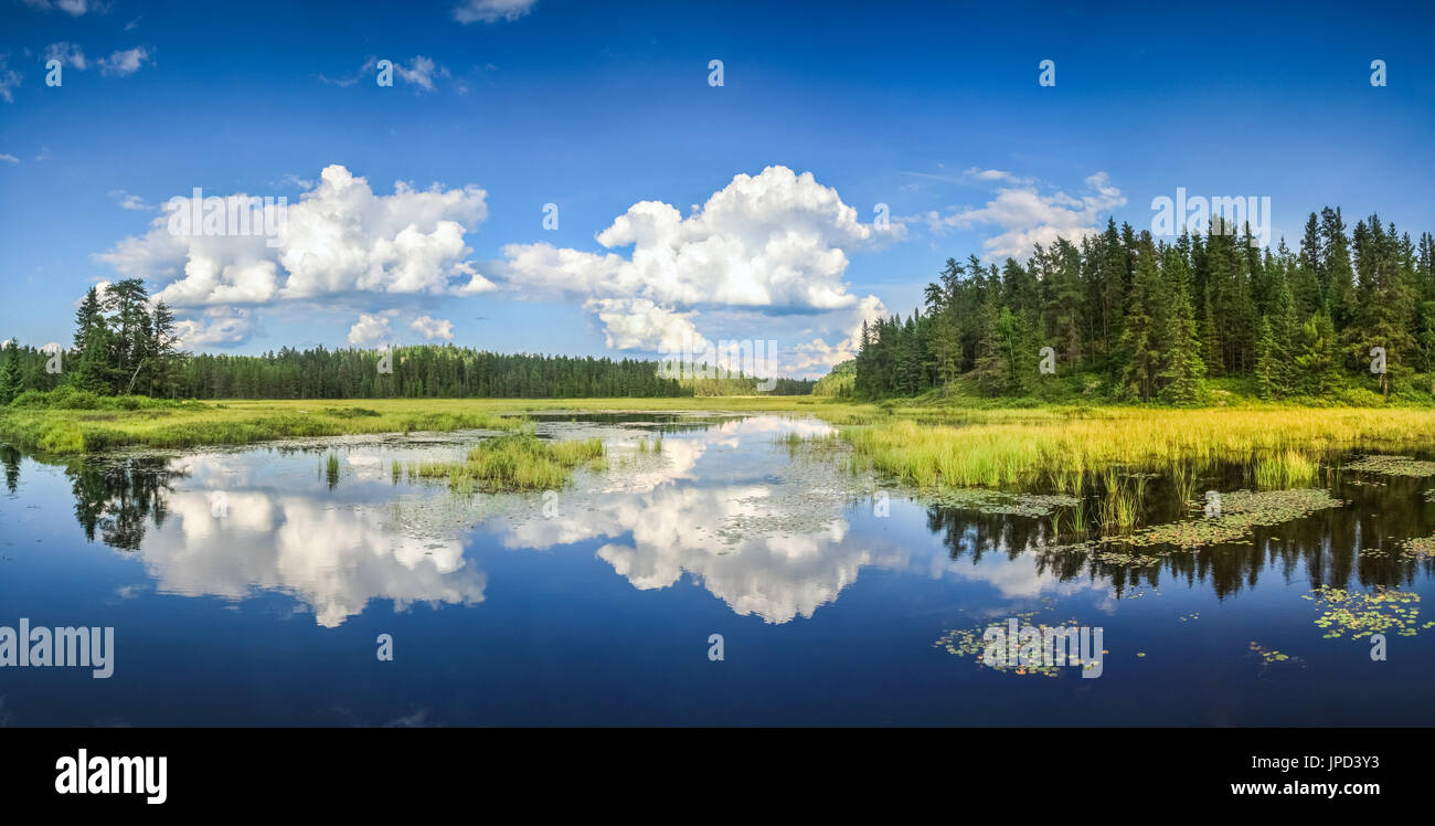 Specchio azzurro lago riflessi di nuvole e paesaggio. ontario, Canada. Foto Stock
