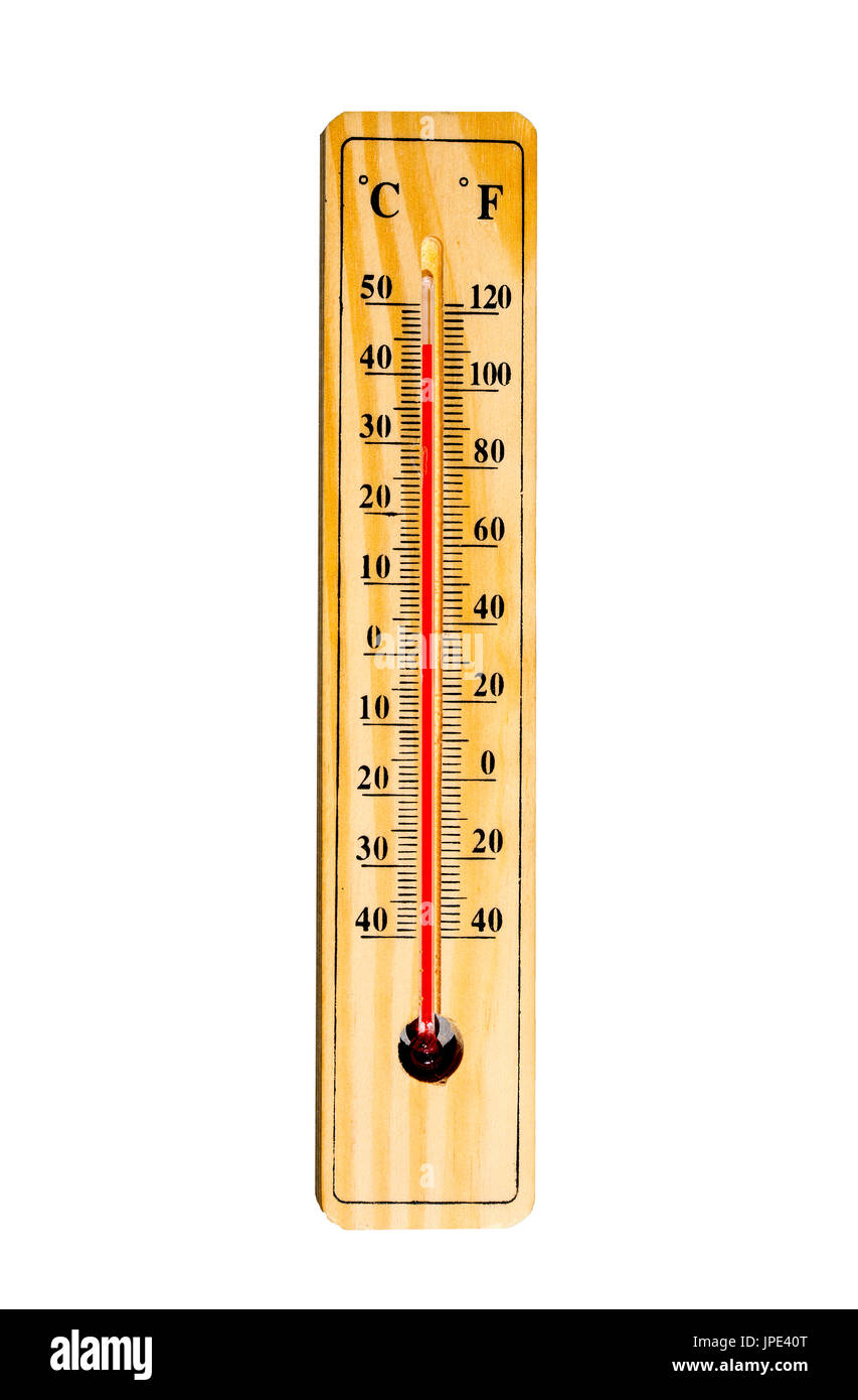 Termometro a mercurio marcatura 44 gradi Celsius, 112 gradi Fahrenheit isolato su uno sfondo bianco. L'estate calore mostrato sul termometro a mercurio. Foto Stock