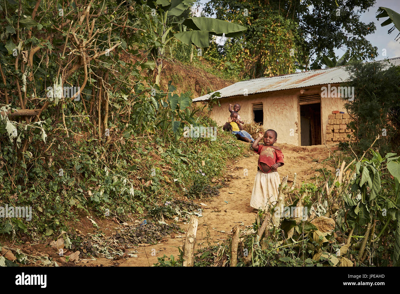 Dei bambini felici in un villaggio tribale vicino alla Foresta impenetrabile di Bwindi,Foresta impenetrabile di Bwindi, Bwindi National Park, Kanungu District, Kigezi sub-regione, Uganda, Eastern Africa equatoriale, Africa Foto Stock