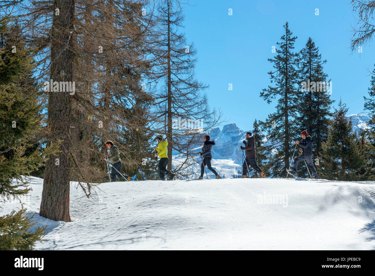 Gli escursionisti con racchette da neve avventura sulla neve verso il lago nambino, parco naturale Adamello Brenta, Madonna di Campiglio, Trentino Alto Adige, Italia, Europa. Foto Stock
