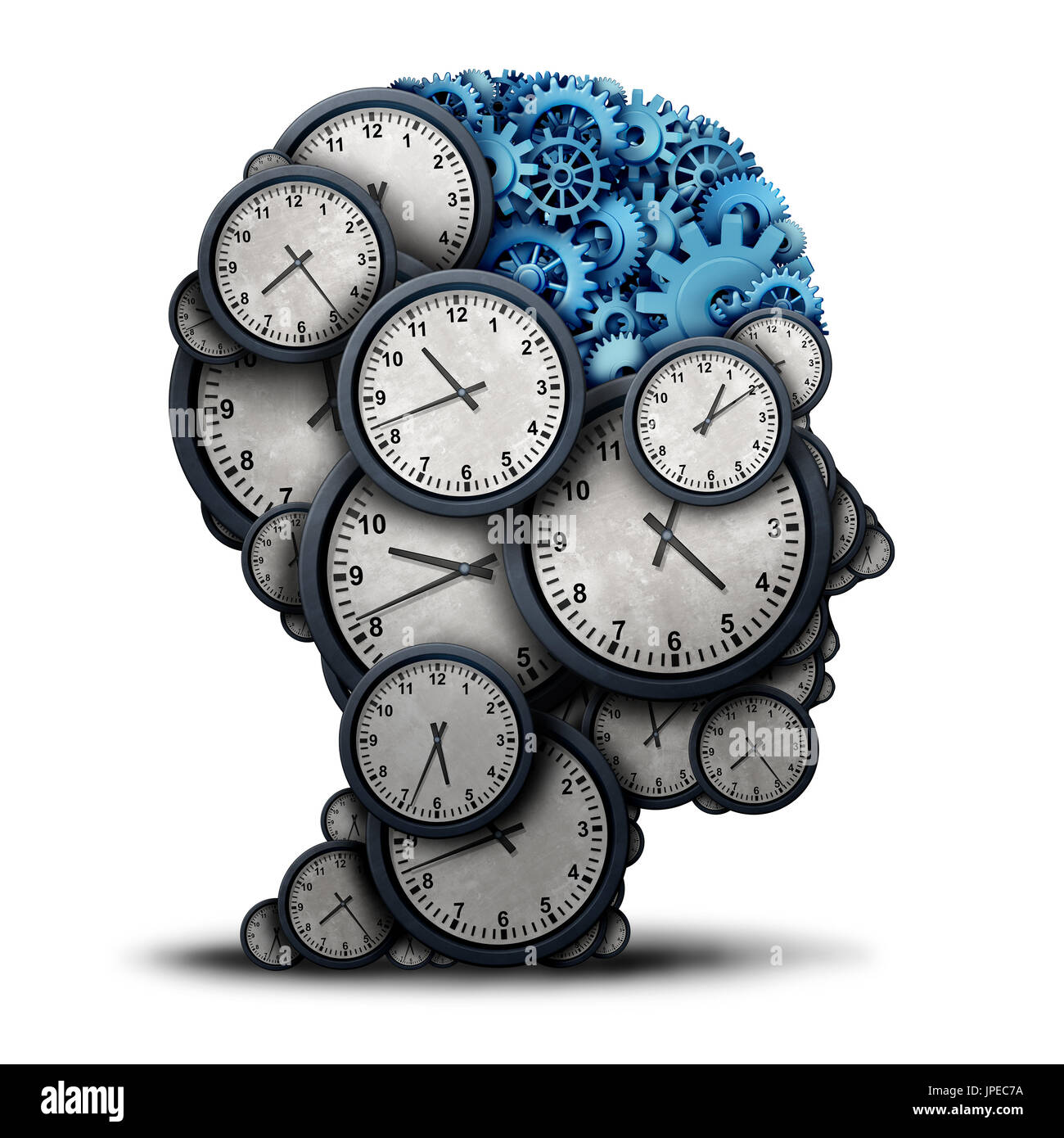 Pensando di business il concetto di tempo come un gruppo di oggetti di orologio a forma di una testa umana con gli ingranaggi e ruote cog come all'interno del cervello. Foto Stock