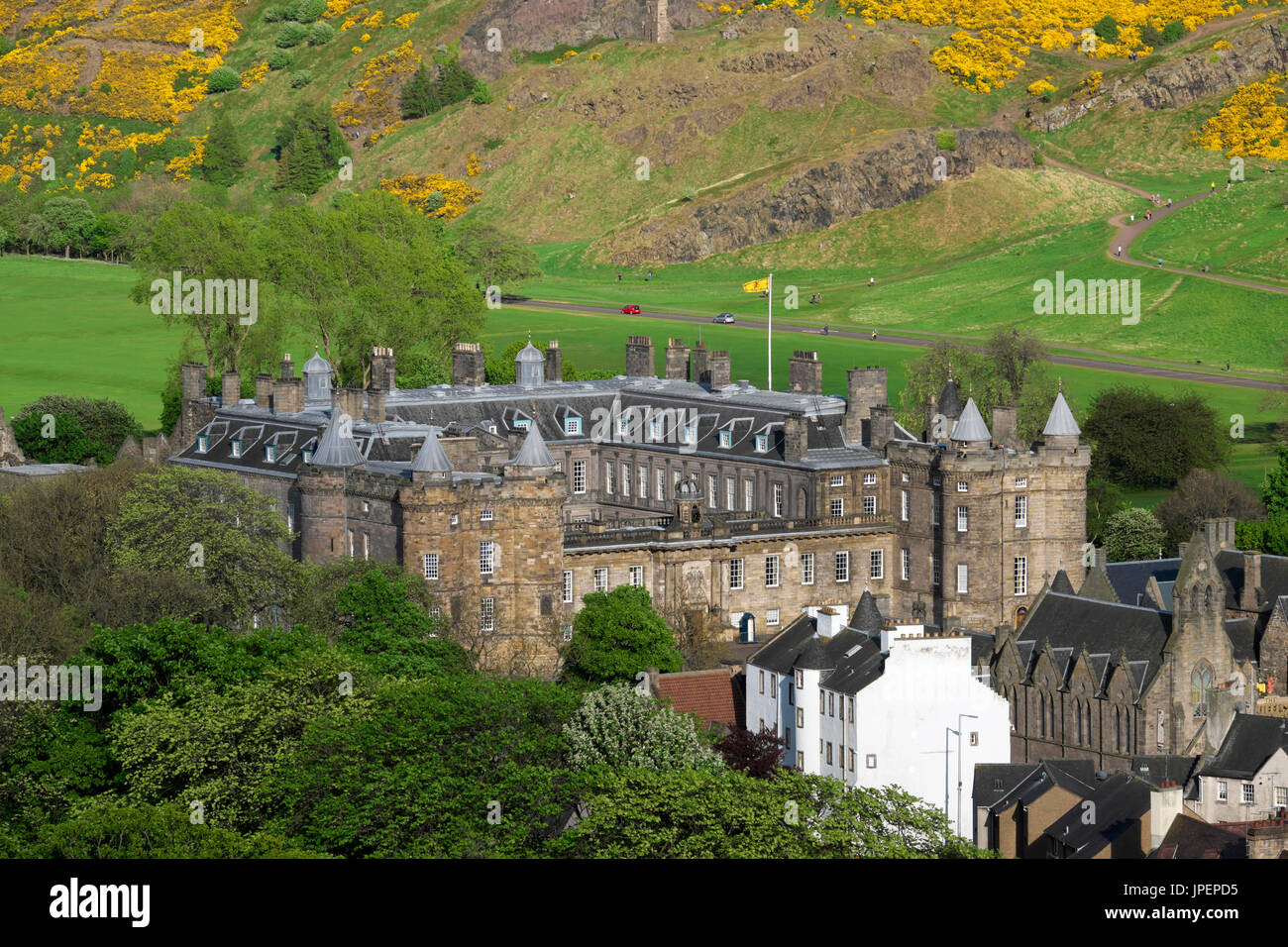 Vista da Calton Hill di Holyroodhouse, Edimburgo, Scozia, Regno Unito Foto Stock