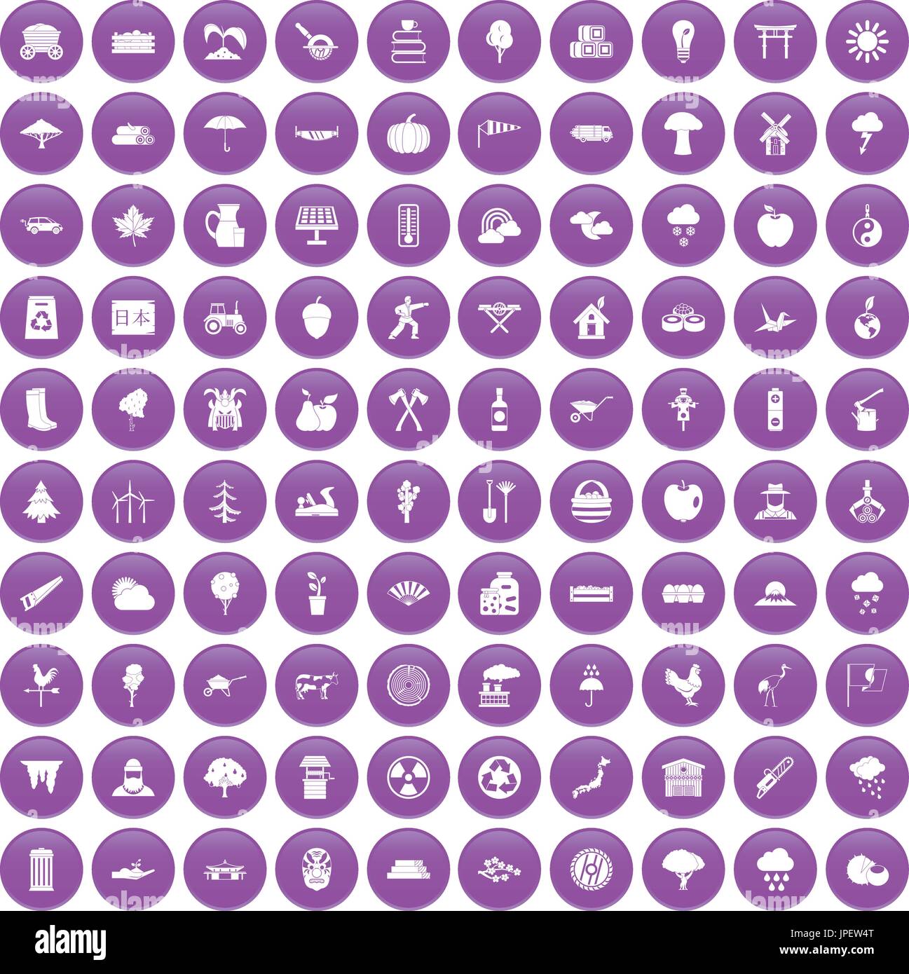 100 albero set di icone viola Illustrazione Vettoriale