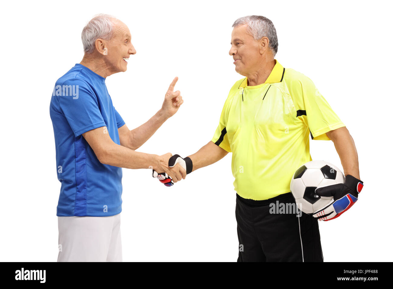 Giocatore di calcio e un portiere agitando mani isolati su sfondo bianco Foto Stock
