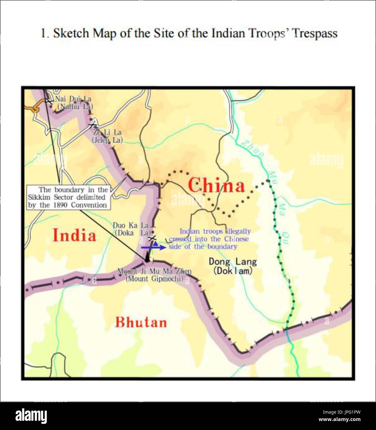 Pechino, Cina. 2 agosto, 2017. La grafica mostra un appendice rilasciato nel documento intitolato "I fatti e la Cina la sua posizione per quanto concerne il confine indiano truppe' attraversamento del confine China-India nel Sikkim Settore in territorio cinese.' Credit: Qu Zhendong/Xinhua/Alamy Live News Foto Stock