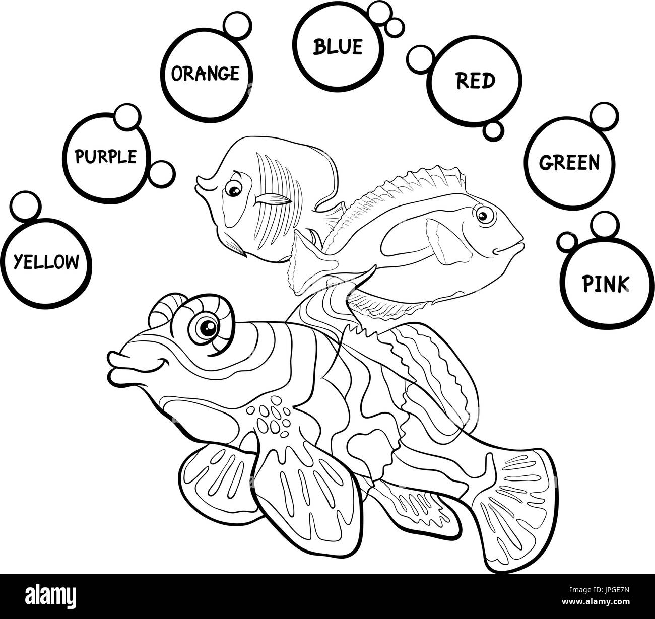 Bianco e Nero Cartoon illustrazione di primaria colori di base le attività educative per i bambini con pesce animale caratteri nella pagina di colorazione Illustrazione Vettoriale