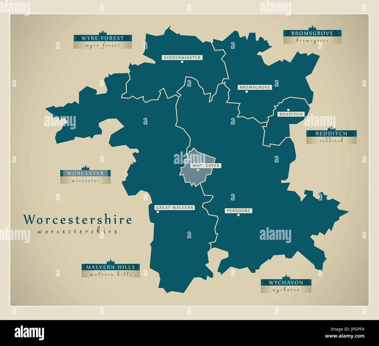Mappa moderno - Worcestershire county con etichette di distretto Inghilterra illustrazione del Regno Unito Illustrazione Vettoriale