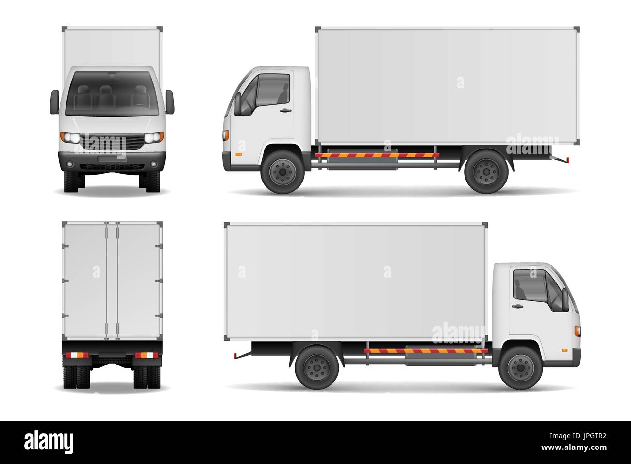Bianco consegna realistici i camion Cargo. Autocarro per la pubblicità laterale, frontale e vista posteriore isolato su sfondo bianco. Per la consegna del carrello di carico illustrazione vettoriale mockup. Illustrazione Vettoriale