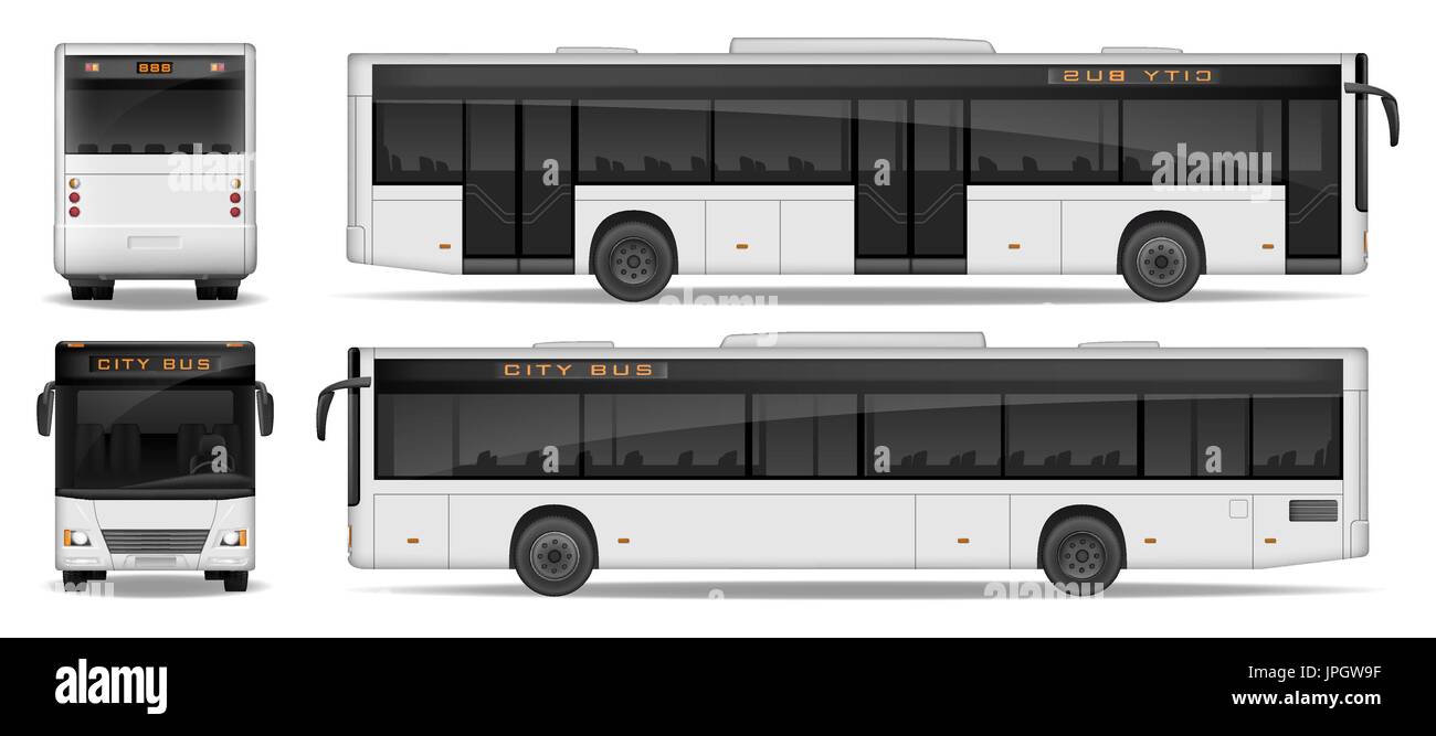 Città realistica del modello di Bus isolata su sfondo bianco. Passeggeri di autobus della città mockup laterale, frontale e vista posteriore. Trasporti Il design della pubblicità. Illustrazione Vettoriale. Illustrazione Vettoriale