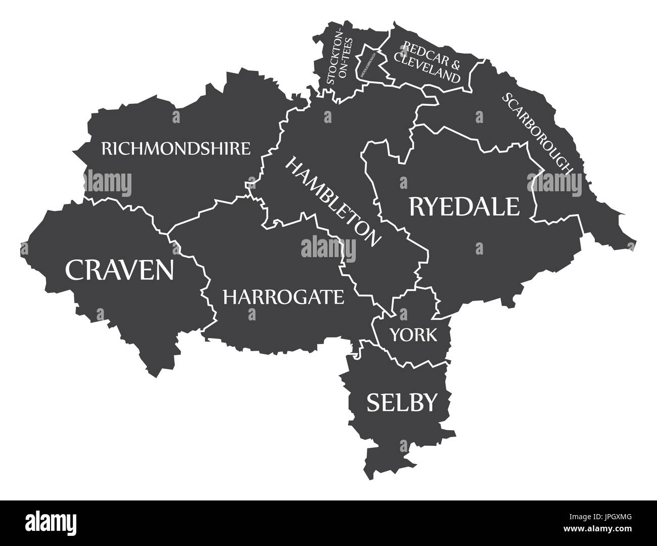 North Yorkshire County Inghilterra mappa nero con etichette bianche illustrazione Illustrazione Vettoriale