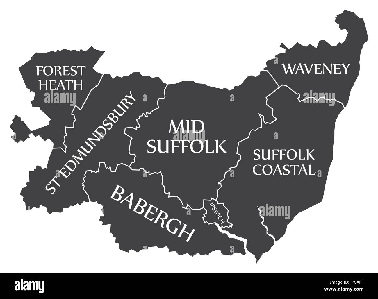 La contea di Suffolk Inghilterra mappa nero con etichette bianche illustrazione Illustrazione Vettoriale