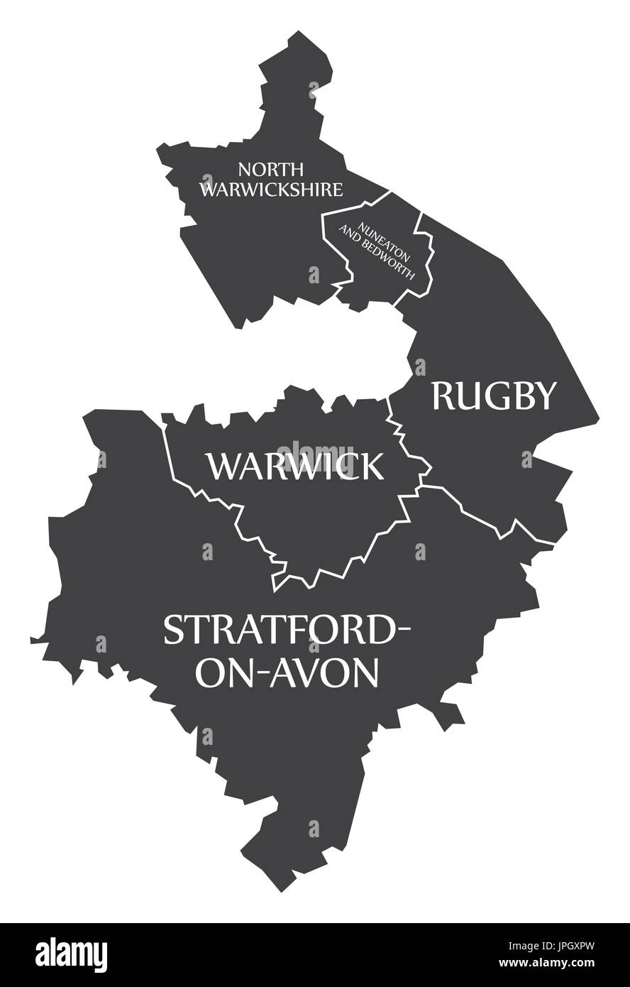 Warwickshire county Inghilterra mappa nero con etichette bianche illustrazione Illustrazione Vettoriale