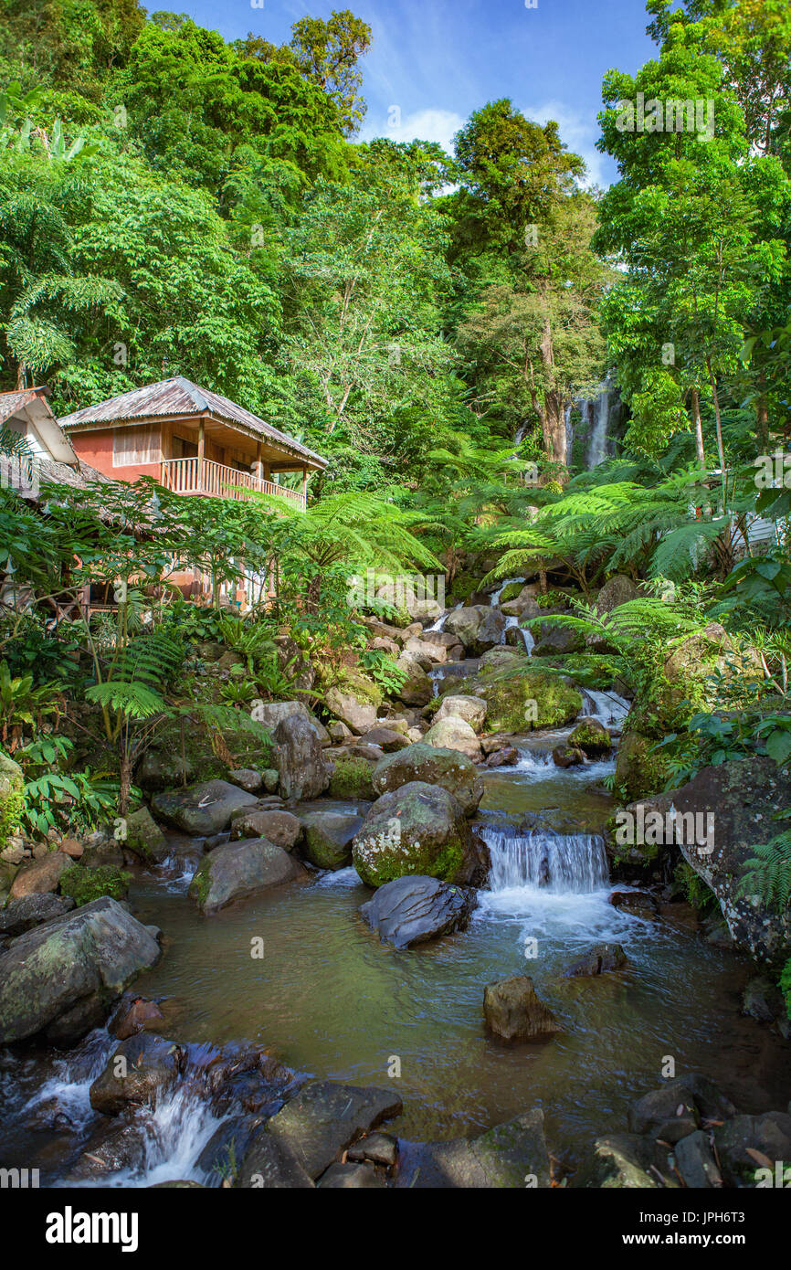 Ruscello di montagna, cascata e pernottamento cottage a Pata-un resort di montagna in Mercia, Negros Occidental, Filippine. Foto Stock