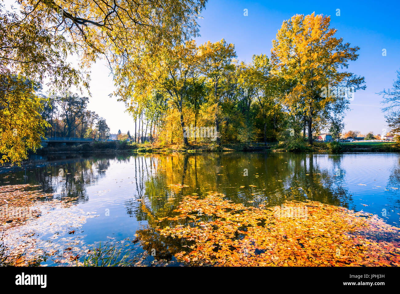 Europa, Repubblica Ceca, Cechia, Central Bohemian Region, Středočesky kraj, Praha-východ, Prague-East, Brandýs Nad Labem, Elba, Labe, fiume, autunno Foto Stock