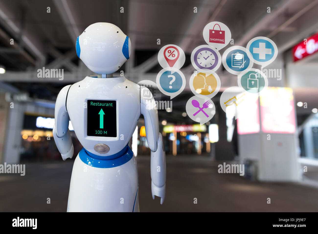 Smart retail , robot assistente Robo , advisor navigazione tecnologia robot in department store le icone e la grafica. Robot a piedi portano a guidare il cliente a Foto Stock