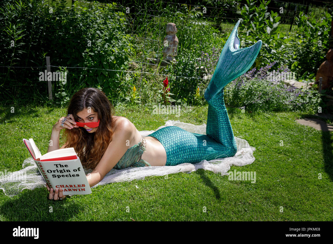 Mermaid legge Charles Darwin del classico "Origine della specie ". Foto Stock