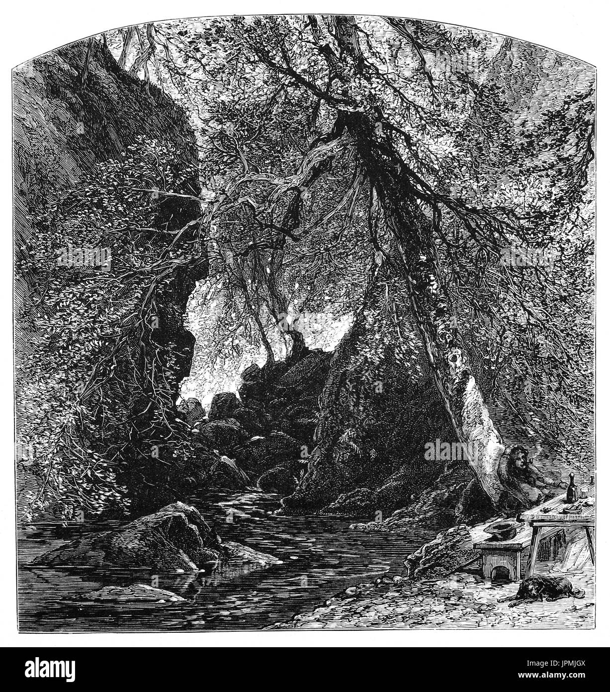 1870: un XIX secolo picnic sulle rive del Linlithgow che sorge nella contea di Wicklow Mountains, in Irlanda sulle pendici settentrionali del Monte Djouce, County Wicklow, Irlanda Foto Stock