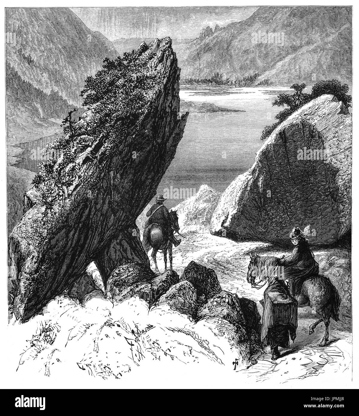 1870: il gap di Dunloe (Irish: Dún Lóich, il significato di "Lóich roccaforte dell', altrimenti noto come Bearna un significato Choimín 'gap di common-land") è una stretta mountain pass. Situato tra il MacGillycuddy Reeks (ovest) e viola montagna nel Parco Nazionale di Killarney in anello di Kerry, , contea di Kerry, Irlanda. Foto Stock