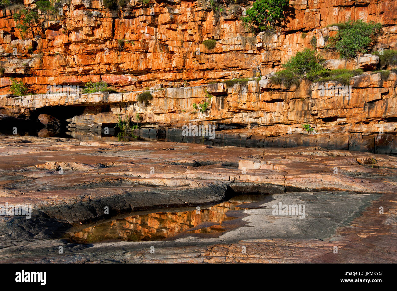 Pareti rocciose illuminanti che si riflettono nella gola del fiume Barnett di Kimberley. Foto Stock