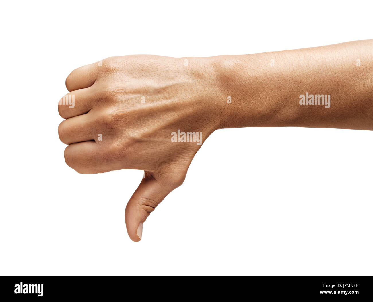 Gli uomini la mano mostra il pollice verso il basso isolati su sfondo bianco. Concetto negativo. Close up. Risoluzione alta. Foto Stock