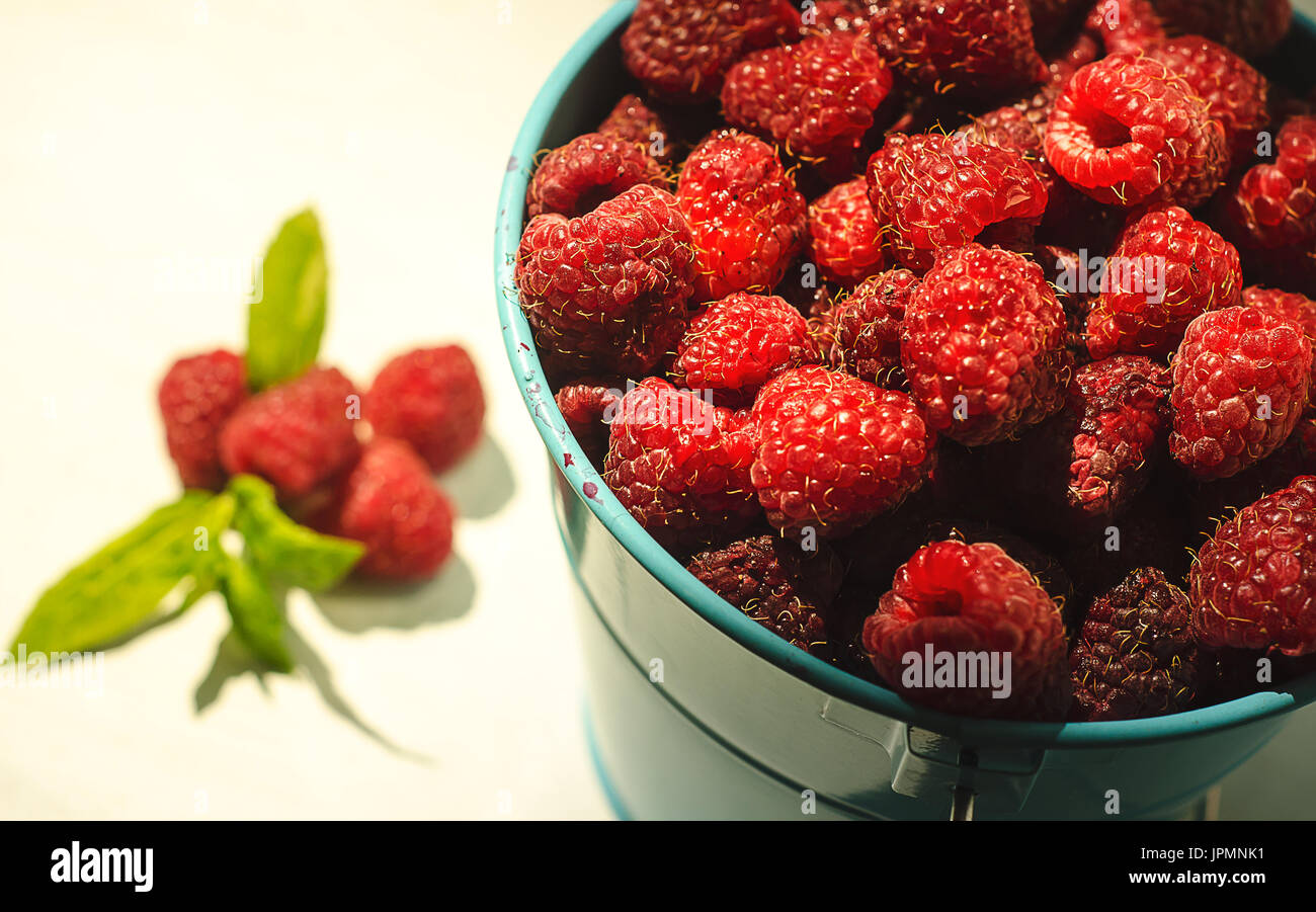 Lamponi freschi e le foglie di menta. Organici naturali vitamine - cibo sano concetto di foto Foto Stock