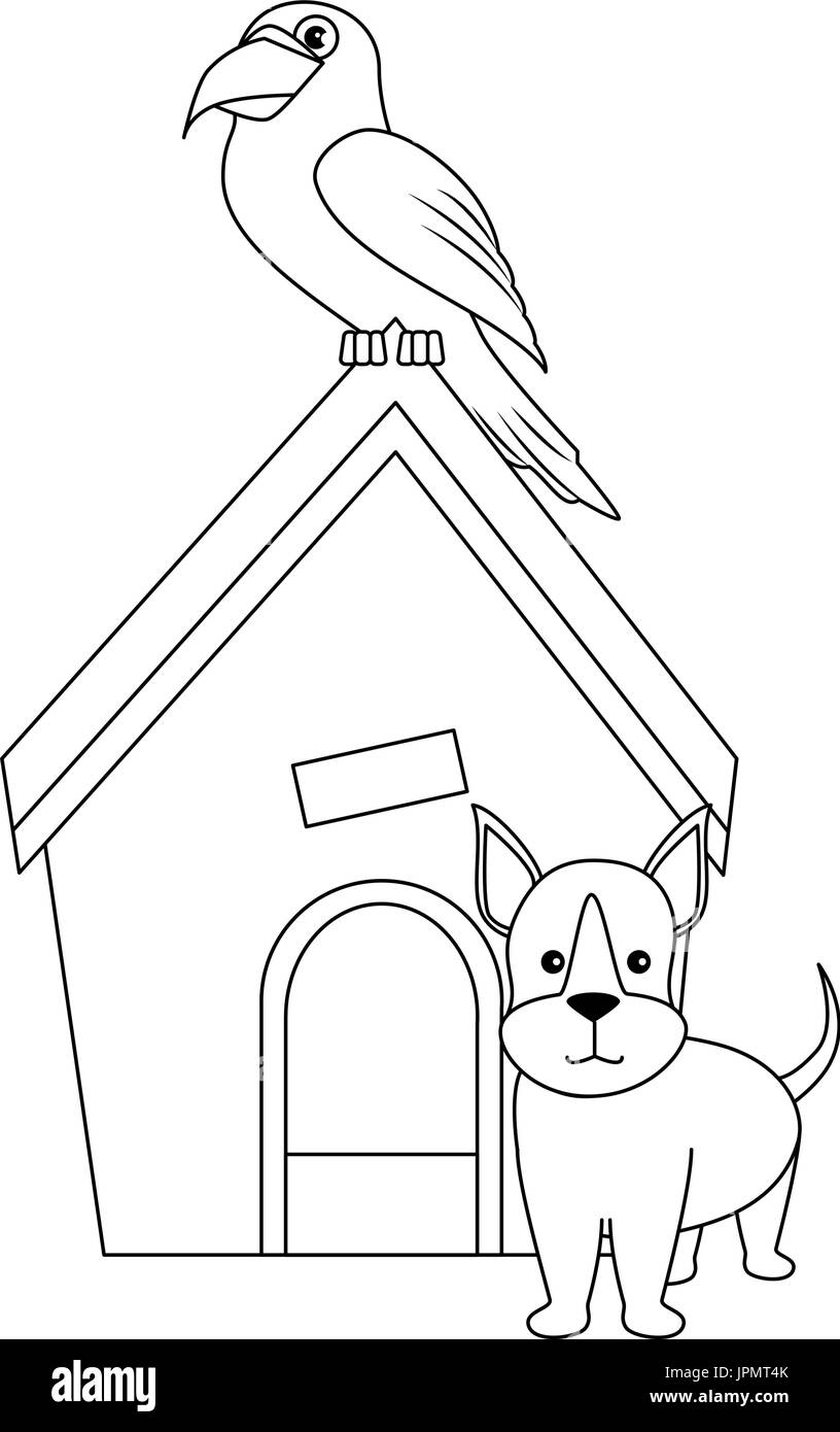 Casa del cane con cucciolo e icona papagallo su bianco backgorund illustrazione vettoriale Illustrazione Vettoriale