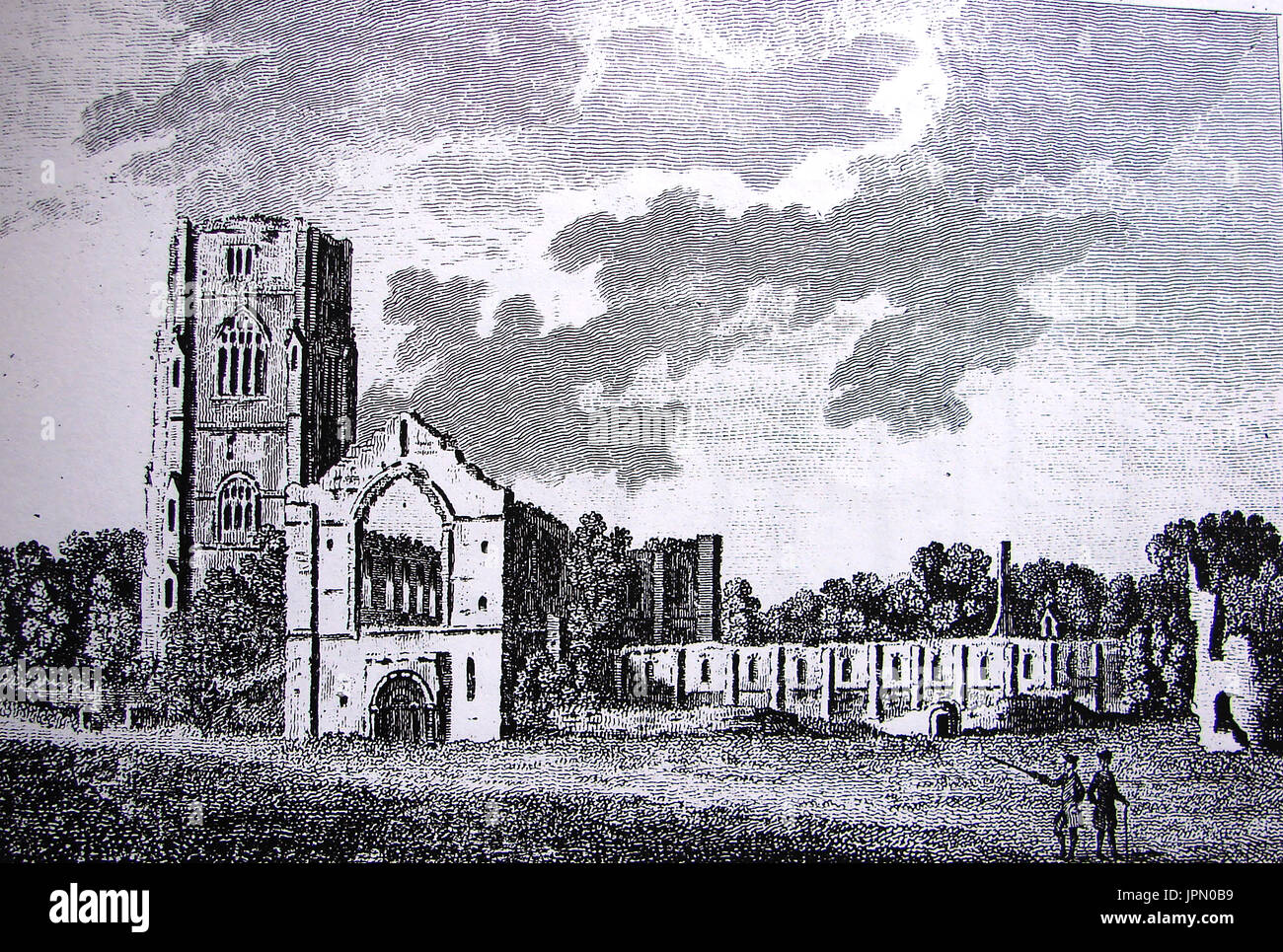 1785 - Incisione di Fountains Abbey, North Yorkshire, Regno Unito Foto Stock