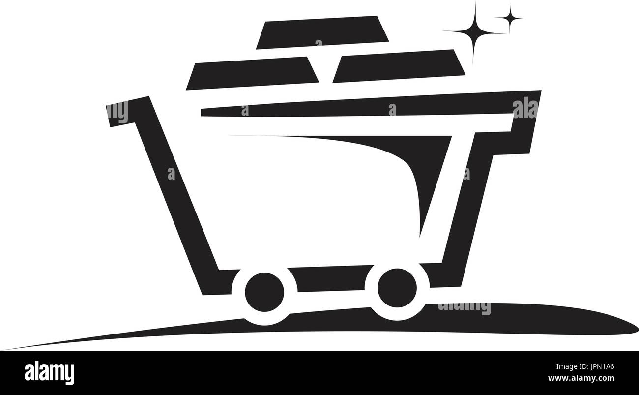 Carrello da miniera con barre di oro e glitter, icona design, isolati su sfondo bianco. Illustrazione Vettoriale