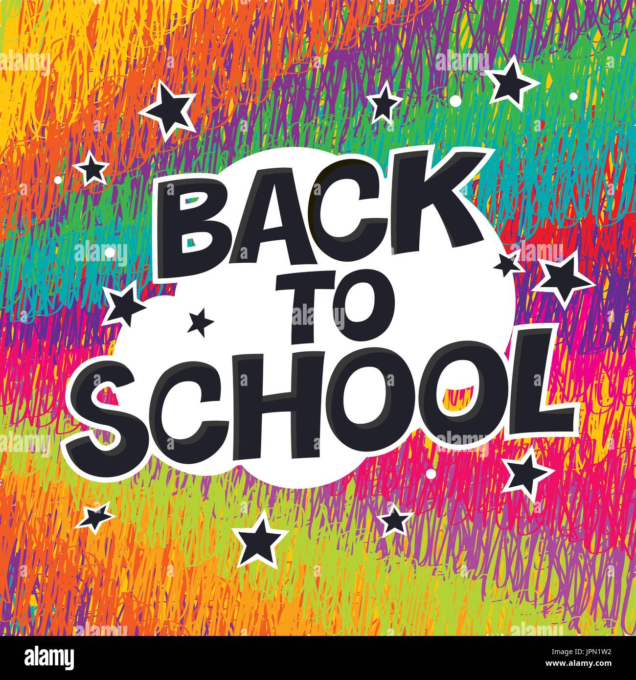Si torna a scuola. Poster colorati con raggi e stelle. Alfabeto di fumetti. Illustrazione Vettoriale