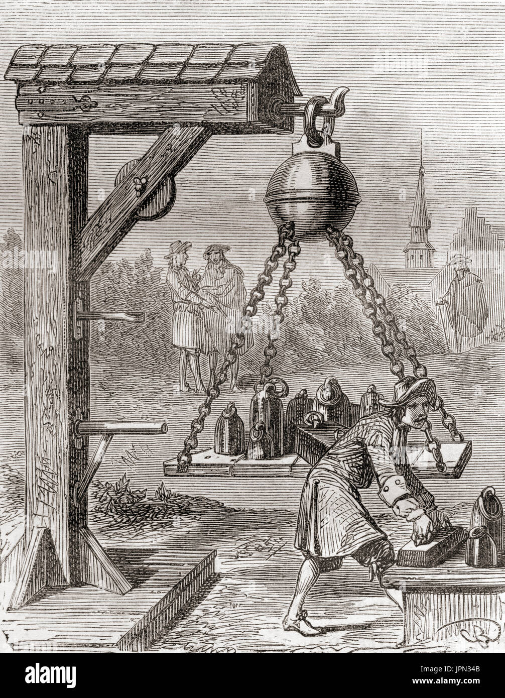 Gli emisferi di Magdeburgo, una coppia di grandi emisferi di rame, con bordi di accoppiamento che sono state sigillate con grasso e l'aria pompata fuori le sfere contenute un vuoto e non può essere tirato oltre da squadre di cavalli. Progettato da uno scienziato tedesco e il sindaco di Magdeburgo, Otto von Guericke, per dimostrare la pompa aria che egli aveva inventato e il concetto di pressione atmosferica. Otto von Guericke originariamente scritto Gericke, 1602 - 1686. Scienziato tedesco, inventore e politico. Da Les Merveilles de la Science, pubblicato 1870. Foto Stock